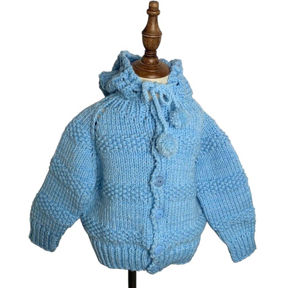 Vintage Handmade Knit Hooded Sweater 6-7 Blue Button Up Cardigan Puff Balls